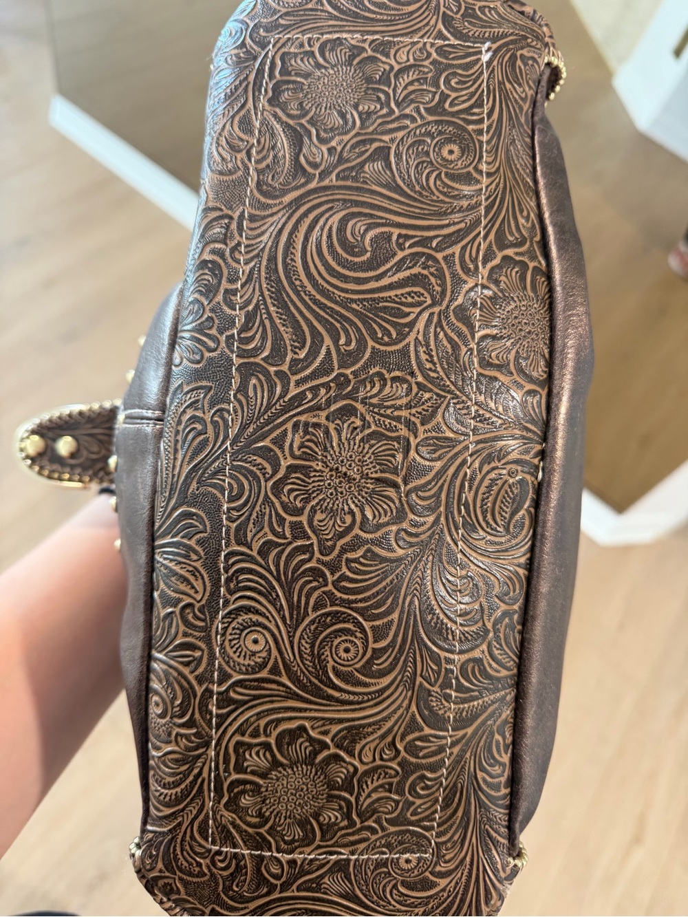 Women's Embossed Brown Shoulder Bag with Crystal Buckle - Picture 3 of 6